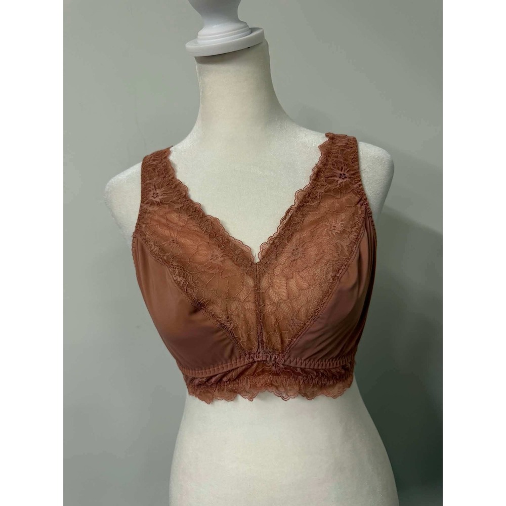 New Breezies Large Lace Trim Wireless Bralette Cinnamon Brown‎ V-Neck A676780